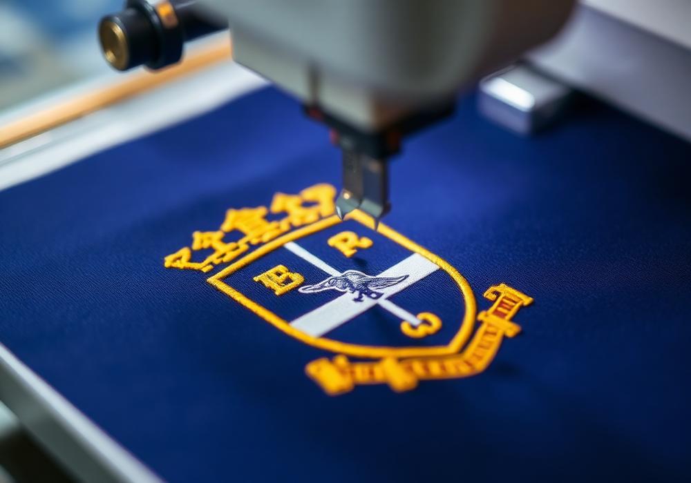 Embroidery machine stitching school crest